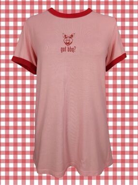 Bella Ringer Tee Pink Red Got BBQ? Pig Graphic Short Sleeve Retro 70s Style L